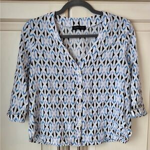 Mandy Evan’s Geometric Button Down Blouse in Blue and Black. Small.